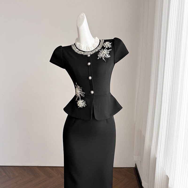 黑色复古拼接假两件连衣裙女早春长裙重工串珠绣设计高端礼服裙子