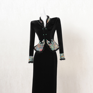 黑色新中式国风改良连衣裙女冬季长裙毛毛拼接设计感高端礼服裙子