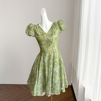 绿色复古短袖连衣裙女