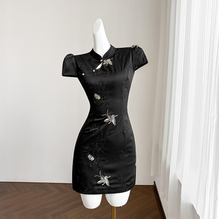 黑色新中式 短裙刺绣设计感高端礼服裙子 国风改良旗袍连衣裙女夏季