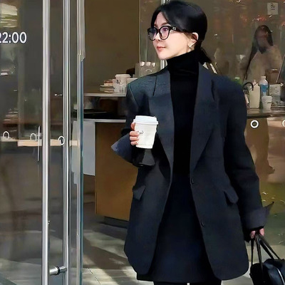 深灰色加绒加厚保暖西装外套女