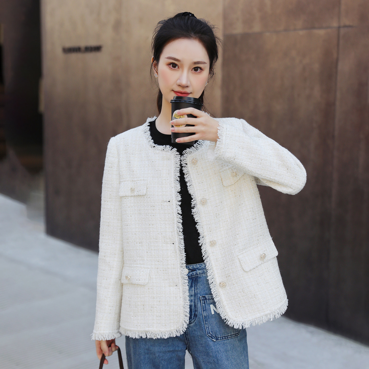 亮丝流苏米白色毛呢外套女