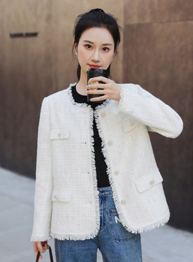 亮丝流苏米白色毛呢外套女