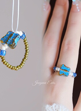 酒馆原创蓝色蝴蝶复古弹力戒指