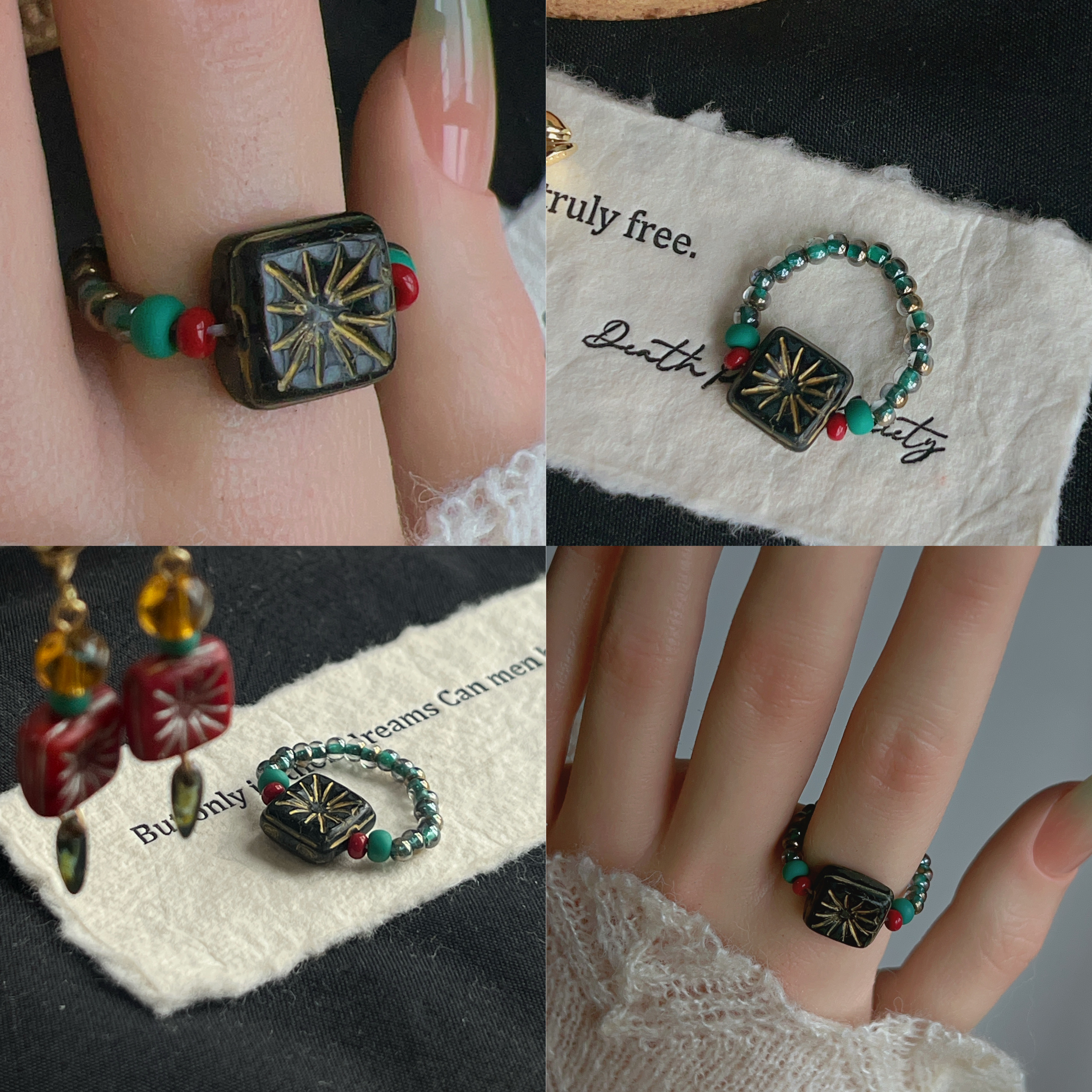 圣诞夜 原创琉璃米珠串珠戒指女甜美戒圈民族风均码指环手饰