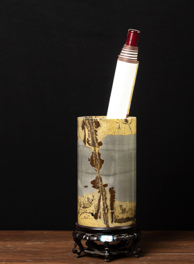 多款草花石国画石奇石匠手作通底款大圆柱直筒花盆居家中式书画筒