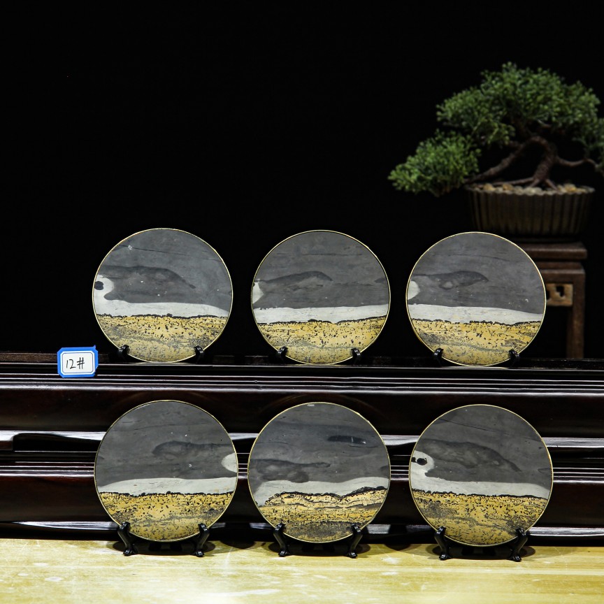 内有多款免漆直径9cm铜托茶杯垫草花国画石天然奇石一套6个送礼盒