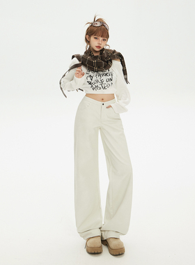 花漾美式复古低腰辣妹宽松直筒裤白色皮裤百搭显瘦秋冬休闲裤女