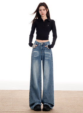 花漾2025秋款美式复古街头设计感阔腿微喇牛仔裤宽松阔腿不贴腿拖