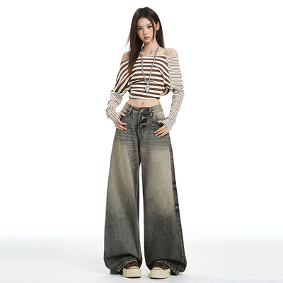 花漾2025美式新款复古水洗黑阔腿牛仔裤女秋新款宽松休闲裤子