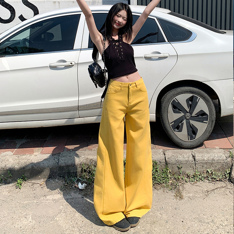 花漾高个子加长美式树叶黄阔腿牛仔裤女秋季高腰垂坠感宽松显瘦拖