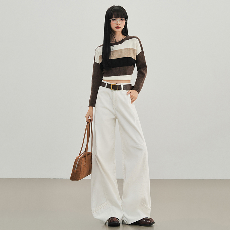 花漾新款美式复古美拉德灯芯绒阔腿裤女设计感拼接宽松直筒长裤