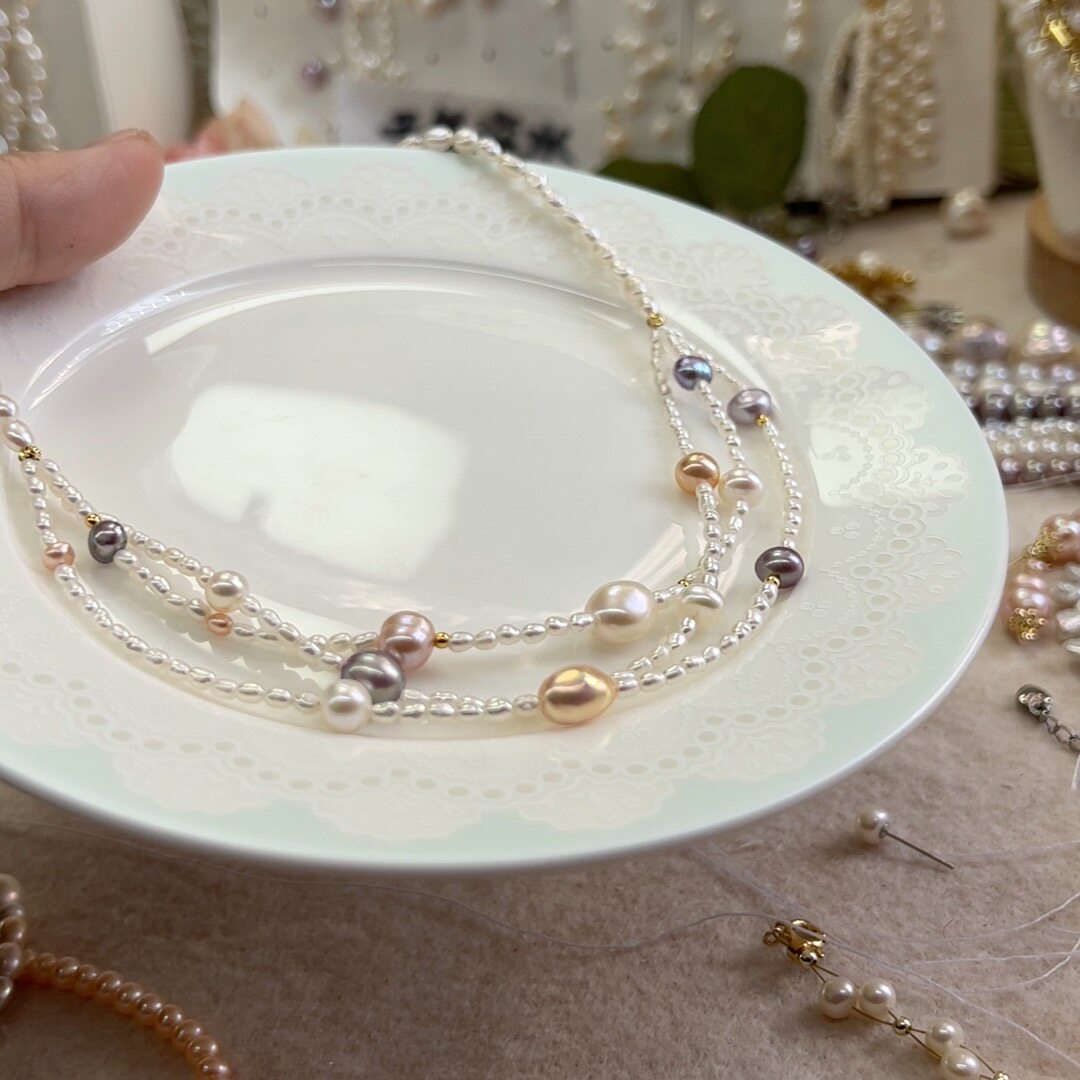 天然淡水珍珠项链海水质感项链复古设计混彩天然极光珍珠项链轻奢