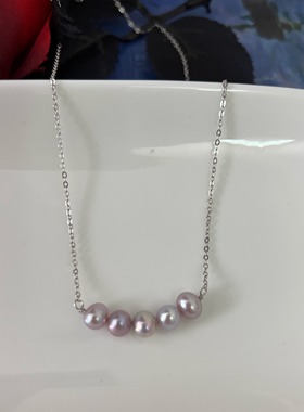 天然仙紫色微笑链通体925银链总长约40长珍珠项链