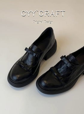 牛皮版~英伦风厚底乐福鞋女2025新款黑色蝴蝶结一脚蹬百搭小皮鞋