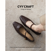 复古文艺单鞋 女2025新款 一字式 软羊皮 浅口粗跟玛丽珍通勤小皮鞋