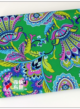 Vera bradley外贸纯棉印花布料桌布惠安女头巾服装面料绿粉黄大花
