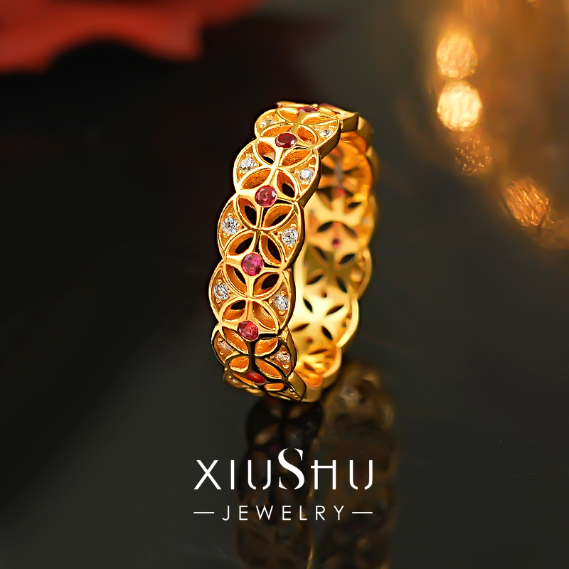 玫瑰花窗925银新中式排戒戒指