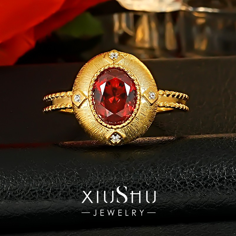 琇姝复古拉丝鸽血红戒指