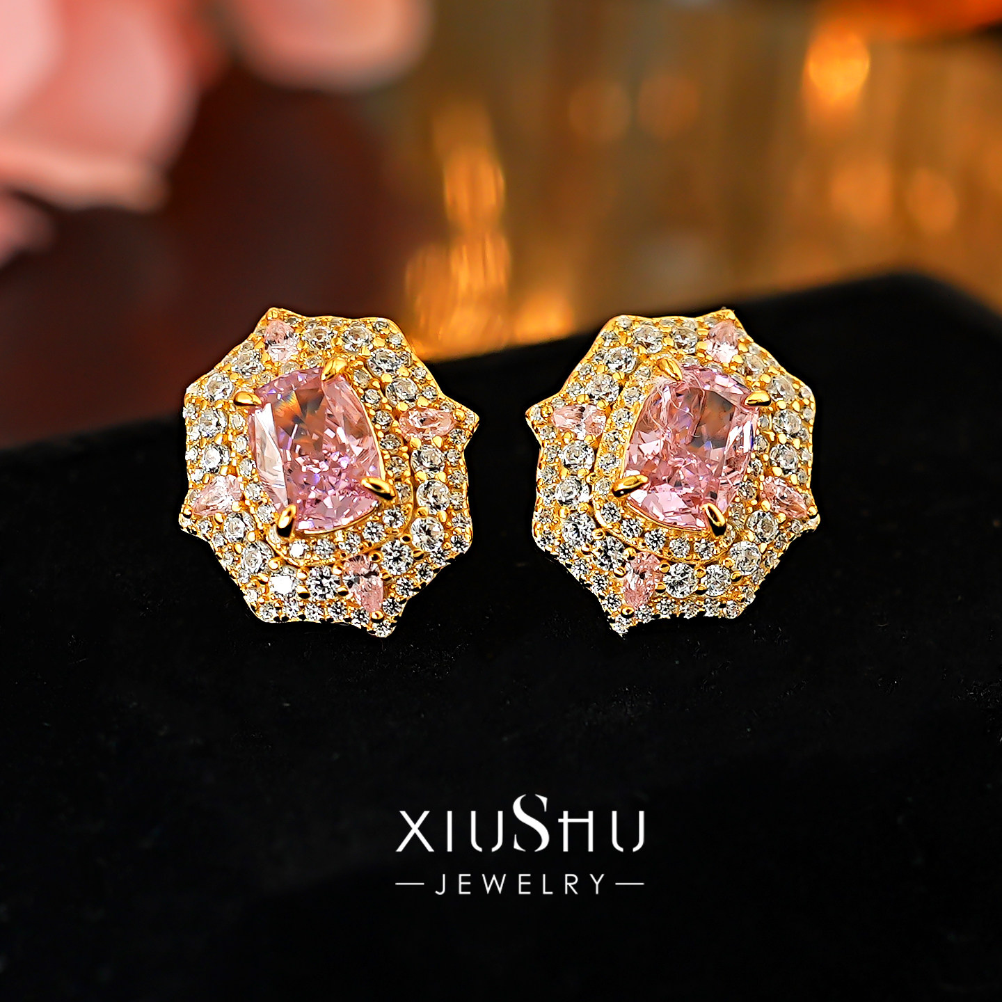 高级浪漫【梦幻花园】925纯银粉钻色耳钉方钻小而精耳饰小众设计