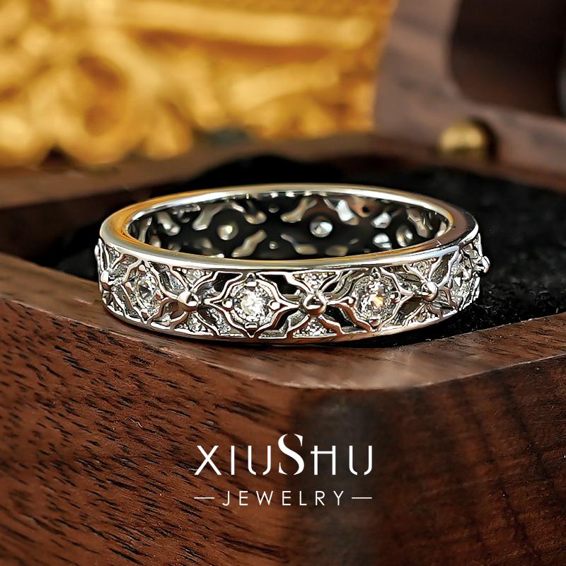 蕾丝花纹925银复古宫廷戒指排戒