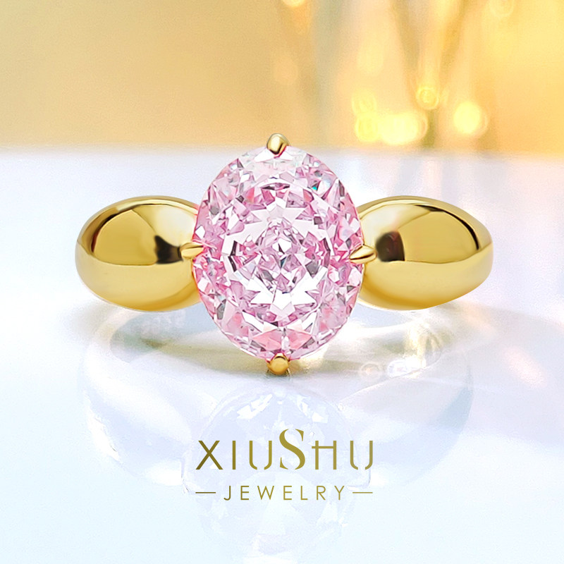 轻奢925纯银粉钻色镀黄金色戒指镶嵌高碳钻气质小众设计百搭