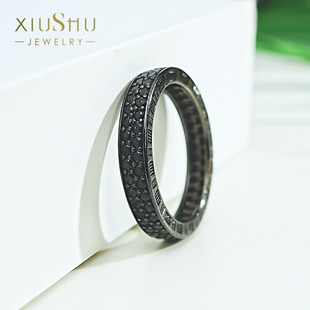 暗黑风酷飒925银镀黑金排钻戒指镶嵌黑锆石个性 气质ins冷淡风百搭