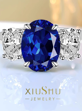 轻奢皇家蓝色三石款925纯银戒指镶嵌高碳钻新款小众设计气质女