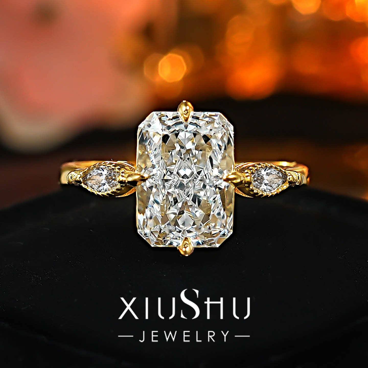 XIUSHU金耀3.5克拉雷迪恩复古方糖925银戒指暖金轻奢日常通勤女戒