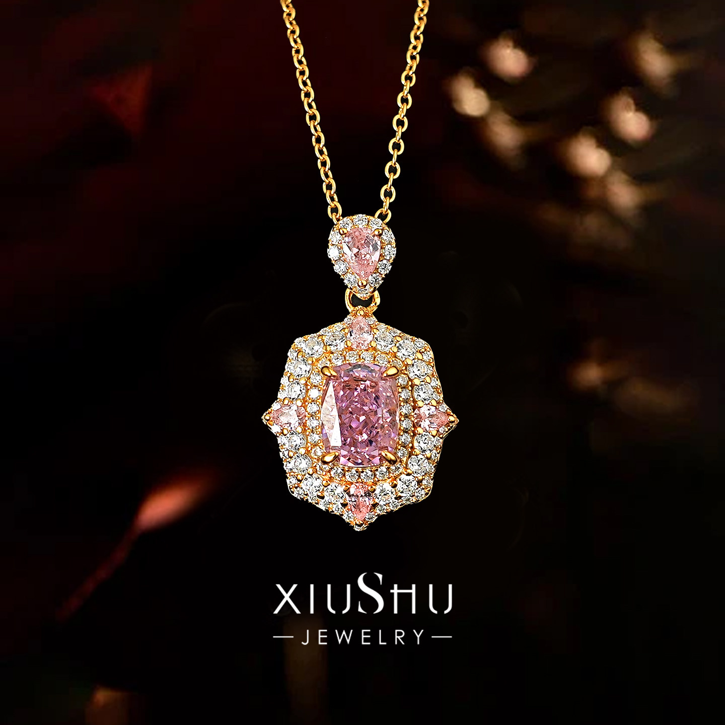 高级浪漫【梦幻花园】925纯银粉钻色项链奢华精工彩钻款吊坠新款