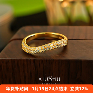 密钉镶嵌《 波浪形》925纯银戒指镀黄金色叠戴食指排钻ins风