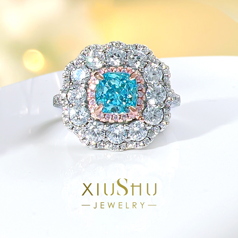 韩版花苞款方形海蓝宝纯银戒指