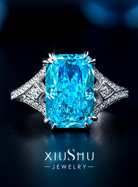 925纯银瑞士蓝爆闪长方彩钻戒指