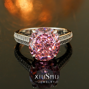 6克拉葡萄紫粉蓝宝色925银戒指满钻宽戒臂小富婆彩宝精工款