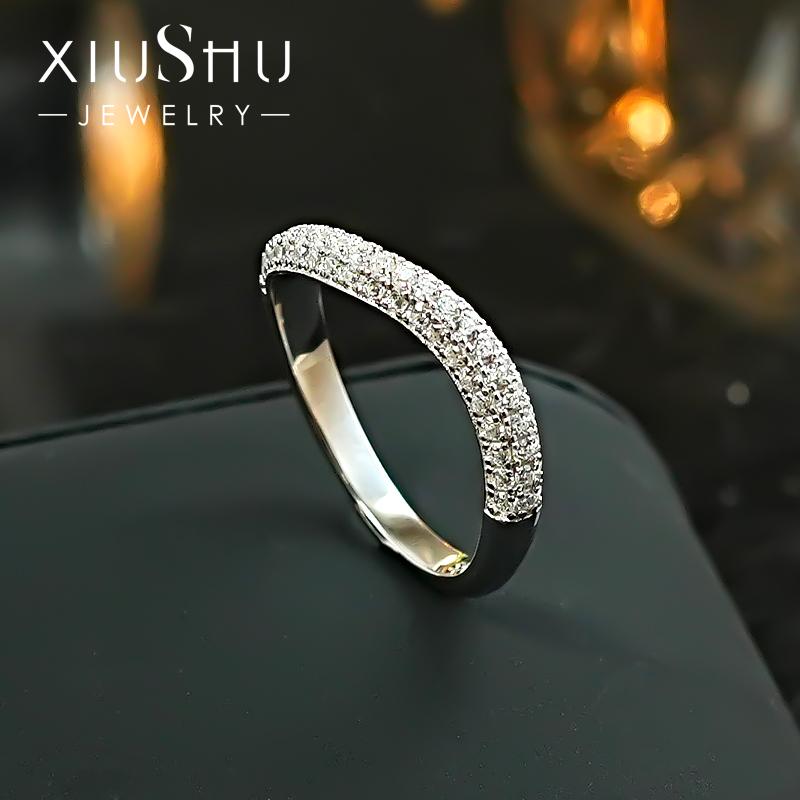 轻奢半圈s形925银素圈排钻戒指