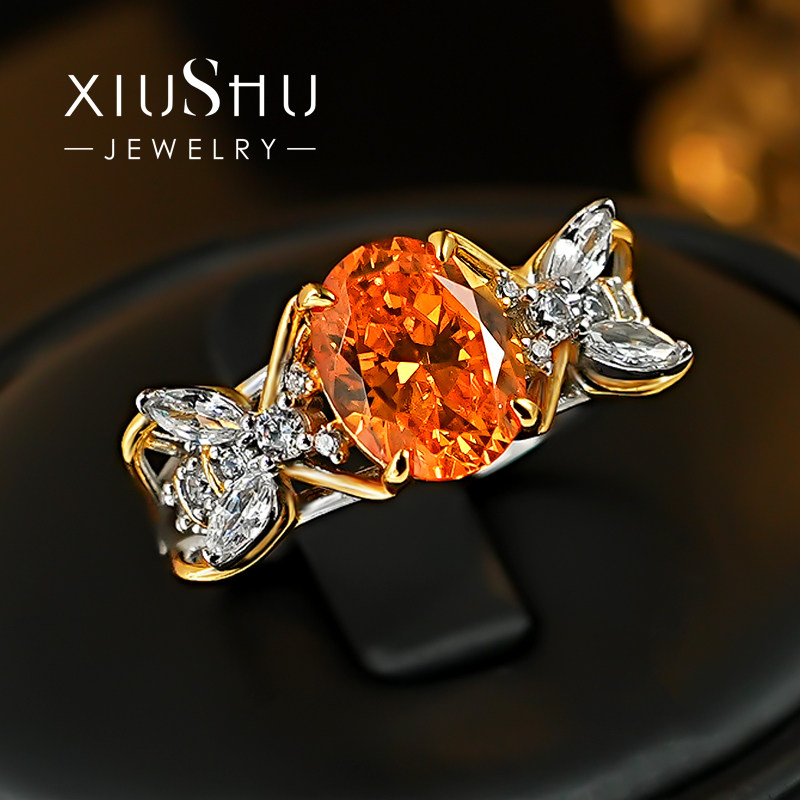 欧美风芬达橙复古s925银椭圆戒指镶嵌高碳钻冰花切小众百搭高级感