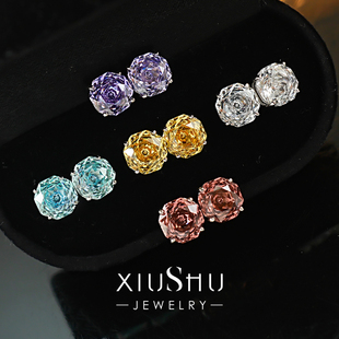 女 时尚 爆款 千禧玫瑰切彩色简约925银耳钉镶嵌高碳钻干枯玫瑰经典