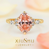 2.5ct 帕帕拉恰粉橙925纯银戒指麻花椭圆培育高碳钻 落日私语