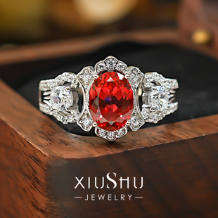 复古蕾丝培育鸽血红宝石925银戒指镶嵌贵气珠宝款宽排钻精工高定