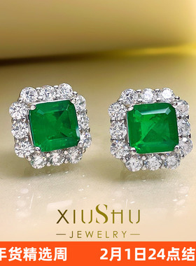 哥伦比亚祖母绿色耳钉925纯小巧公主方媲美天然成色精工E167