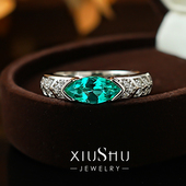 时髦个性 马眼帕拉伊巴925银戒指镶嵌高碳钻蓝绿色轻奢宽臂指环