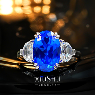 培育宝石蓝尖晶《幽蓝炽光 》925银蓝小妖戒指梯方钻枕形矢车菊蓝