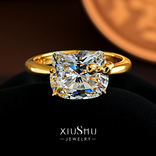 爆闪猫咪蝴蝶结925银戒指