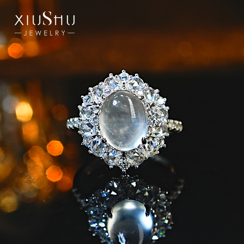 新中式水沫玉925银花朵戒指