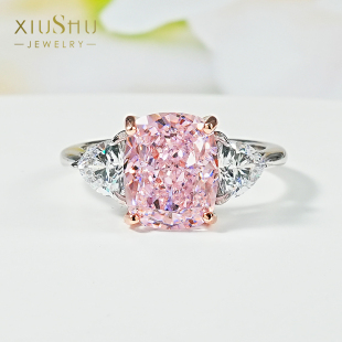 奢华粉钻雷迪恩碎冰切925银戒指镶嵌高碳钻三石款 气质百搭冰花切