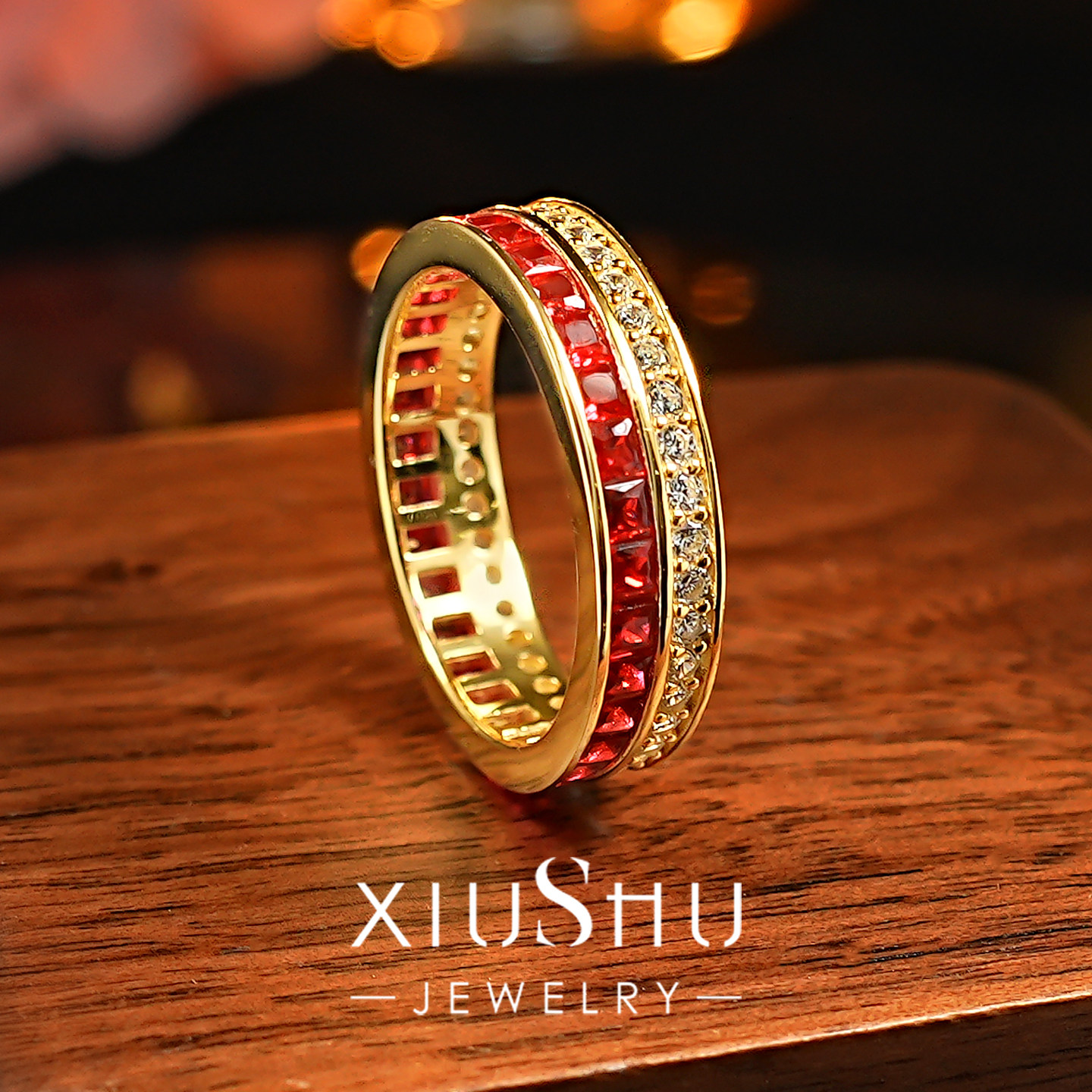 培育红宝石《永恒》925银镀金双排满钻轨道镶嵌宽版指环复古显贵