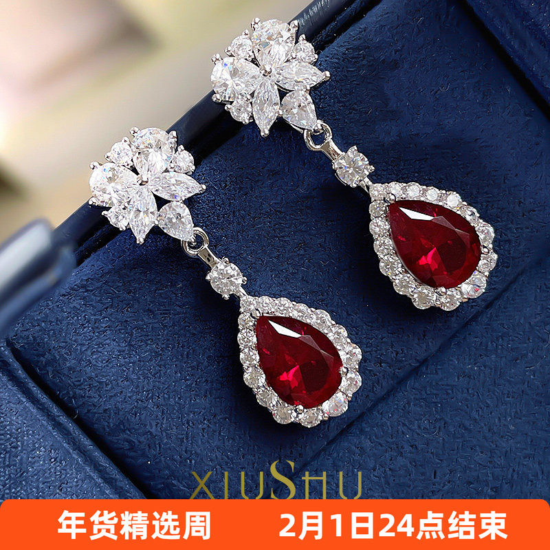 培育鸽血红宝石925银水滴耳环百搭耳饰网红爆款优雅耳坠长精工版,饰品/流行首饰/时尚饰品新,耳钉,淘宝优惠券,粉丝福利购,淘宝优惠卷