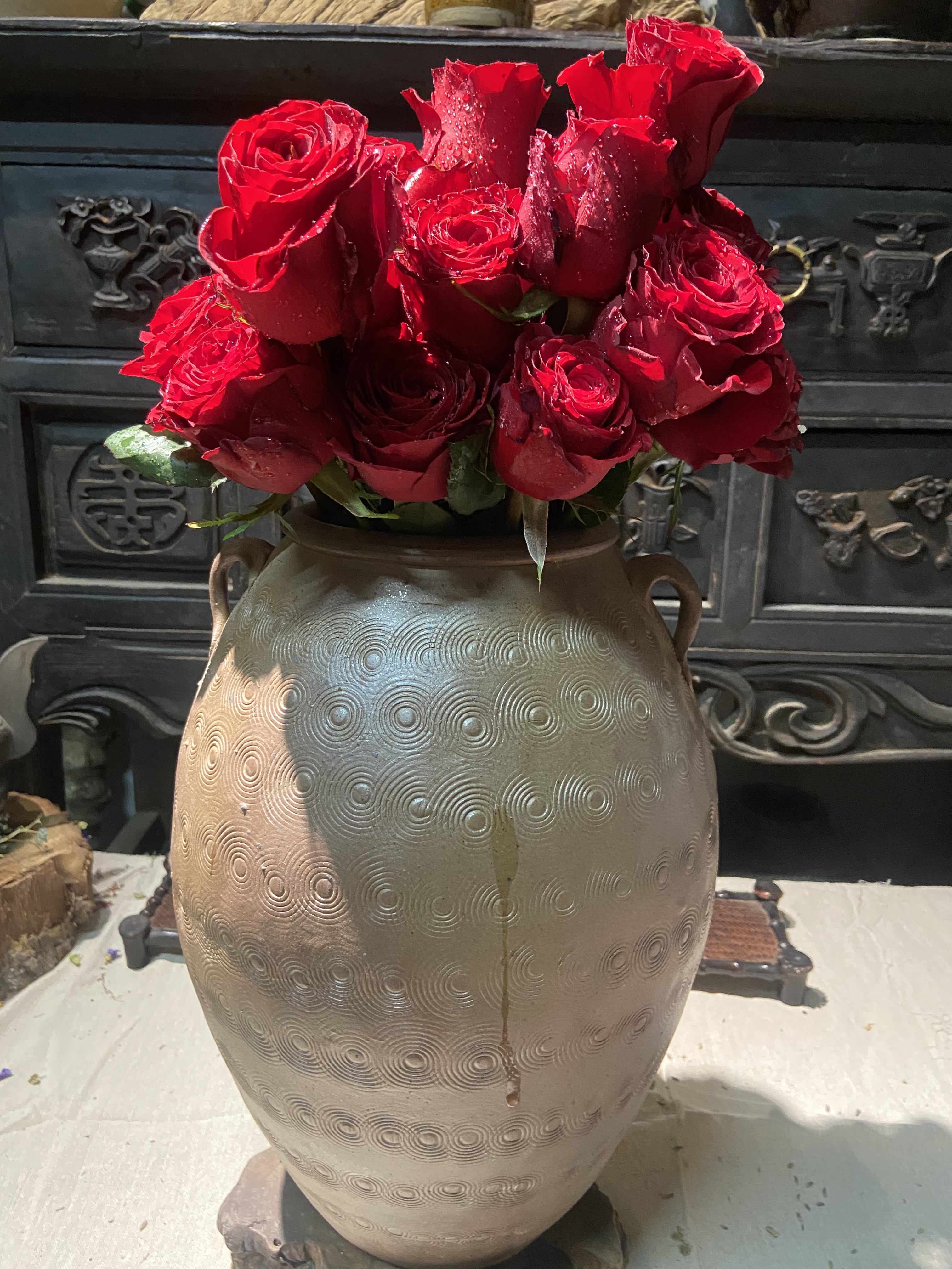 经典云南大理手工土陶罐瓶花器印花纹饰大号双耳原色落地花瓶花器