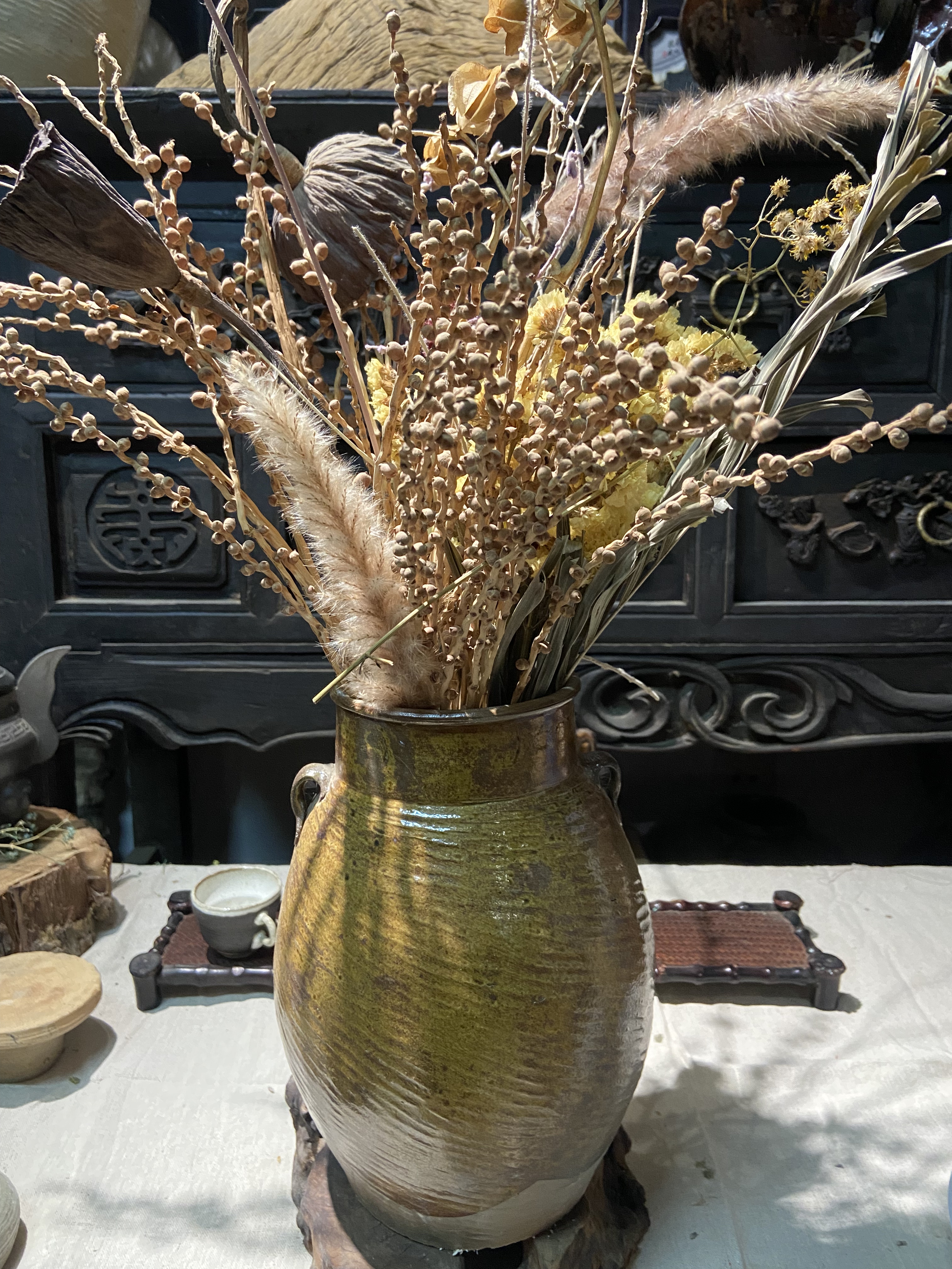经典云南大理手工土陶罐瓶花器肌理纹饰中号双耳原色落地花瓶花器