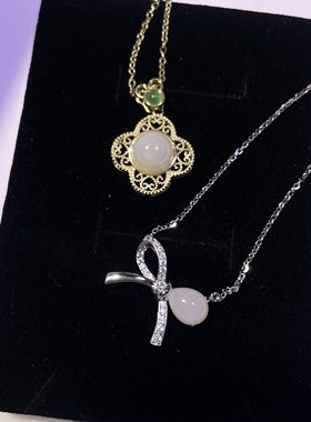 925纯银微镶蝴蝶结项链女轻奢小众设计感国风和田玉锁骨链带证书